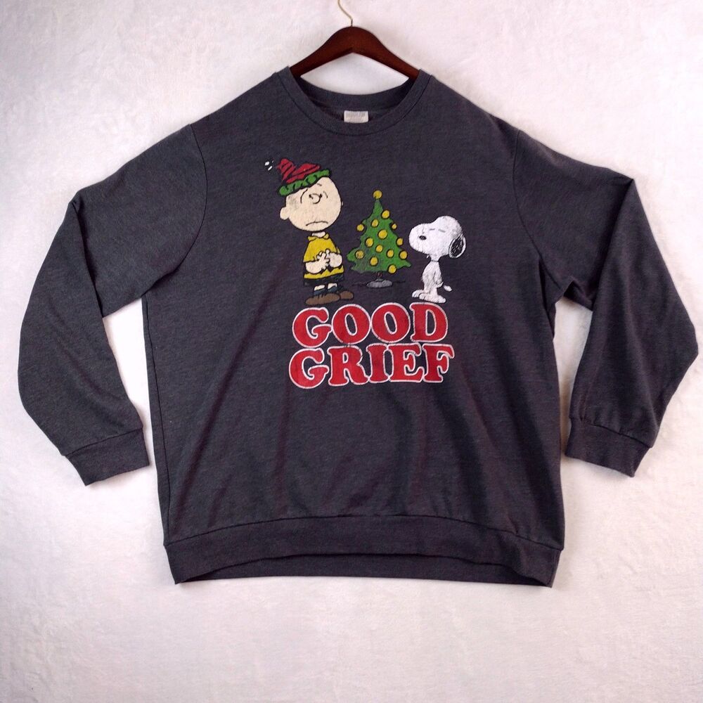 Peanuts‎ Charlie Brown Snoopy Christmas Sweatshirt Mens 2XL Gray Good Grief